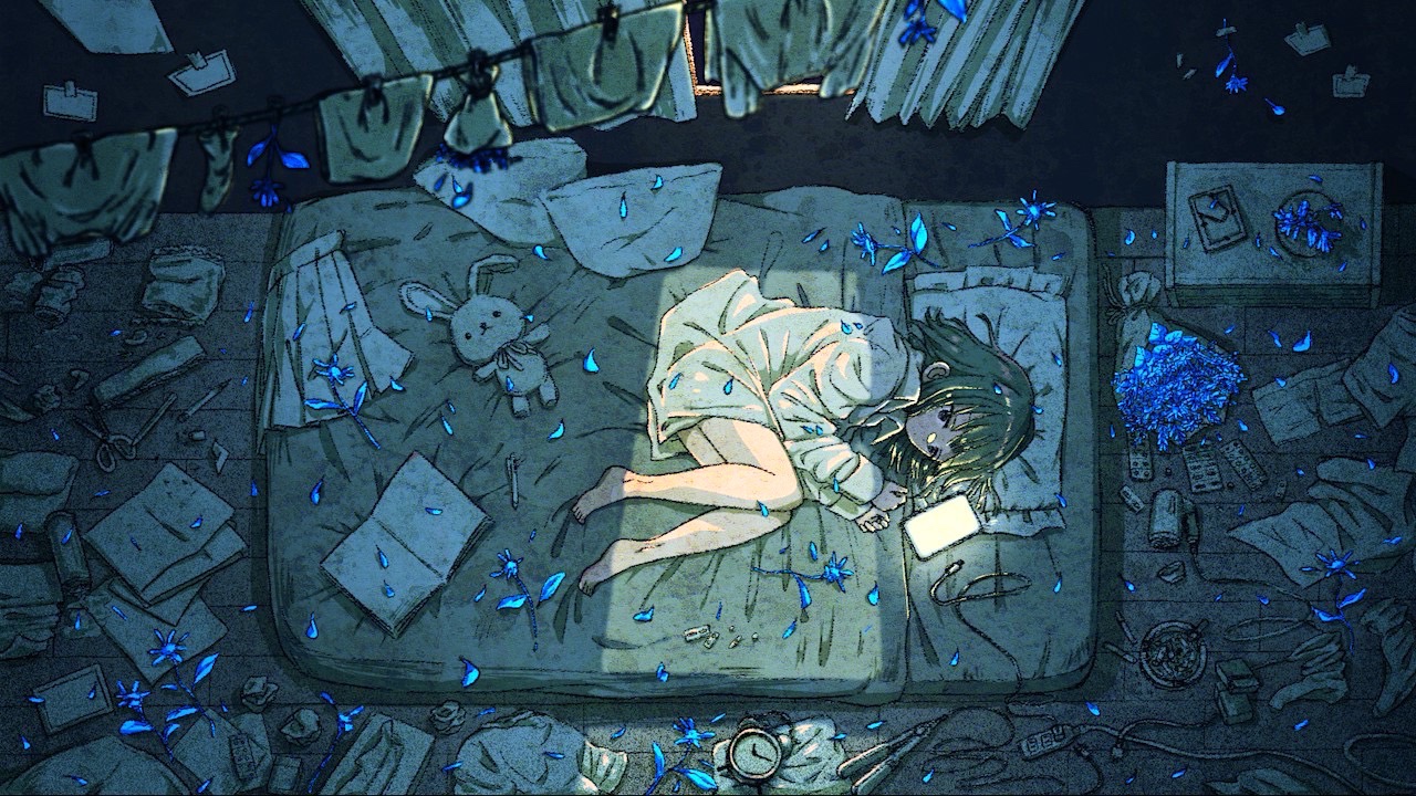 青い花の部屋。スマホの明かりだけが灯る夜。散らかった部屋に、青く光る花が咲いている。