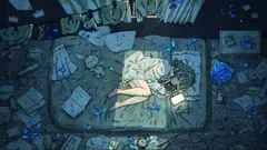 青い花の部屋。スマホの明かりだけが灯る夜。散らかった部屋に、青く光る花が咲いている。