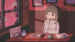 カフェの午後。窓から差す光と、ケーキの皿。考えごとをしているような、静かな時間。