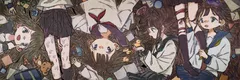 髪の地図。長い髪の海に、制服の少女たちと小さな物が散らばっている。